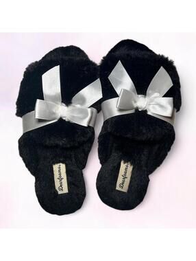Dearfoams Black Slippers White Bow Cozy Soft Womens Size Medium 7-8